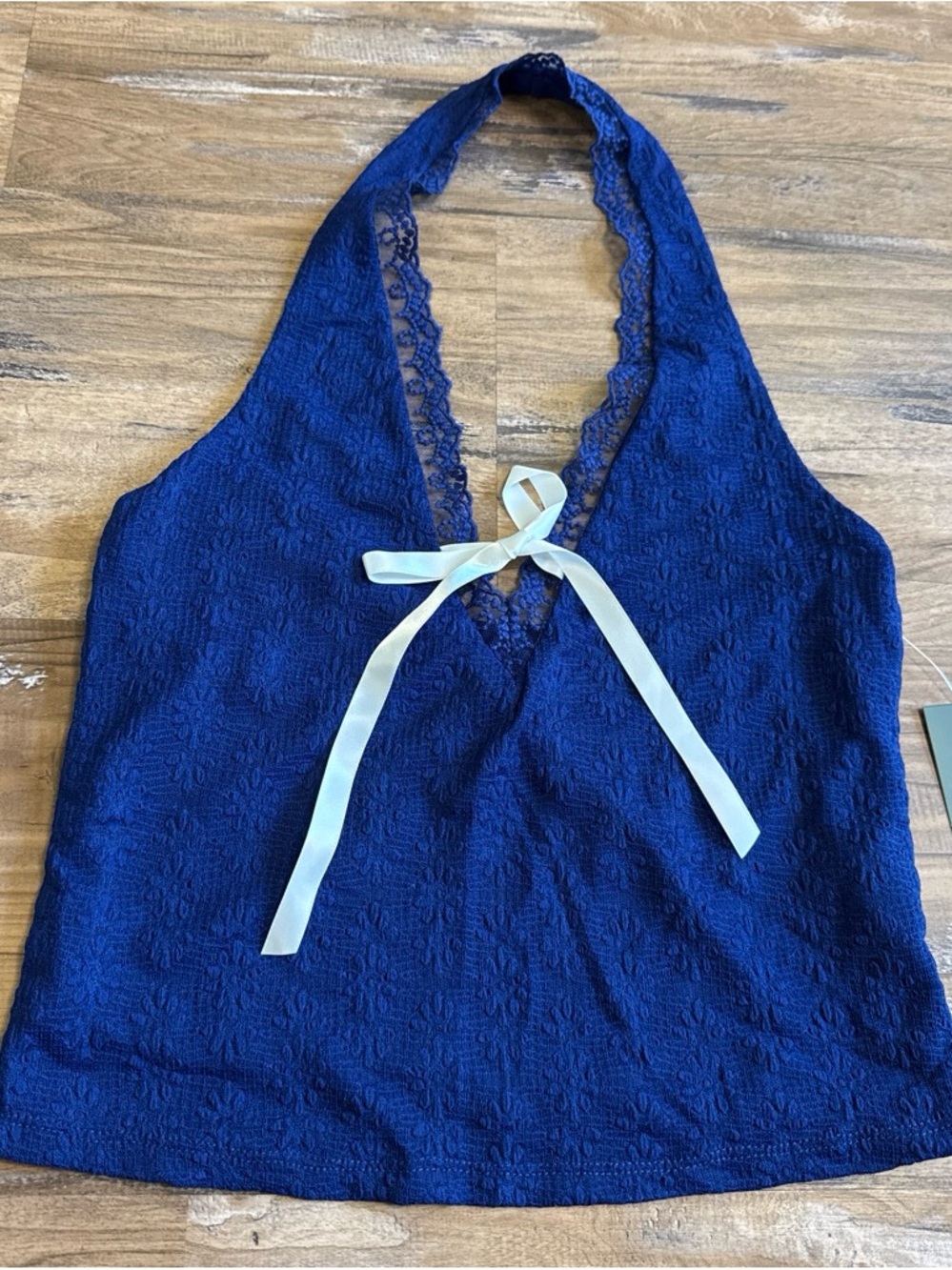 Lace-Trim Halter Tank Top in Navy Blue